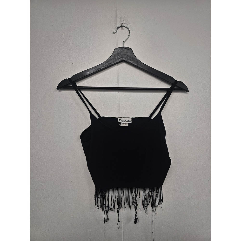 Vintage‎ Rave City Camisole Tank Top Juniors Large Black Fringe Festival 90s